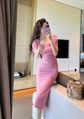 Ruched Puff Sleeves Midi Dress